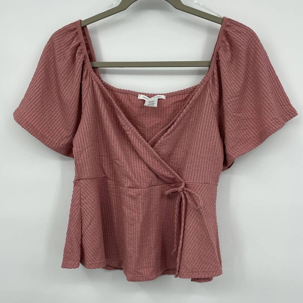 Caution To The Wind Juniors Pink V Neck Wrap Short Sleeve Top Blouse NEW Small
